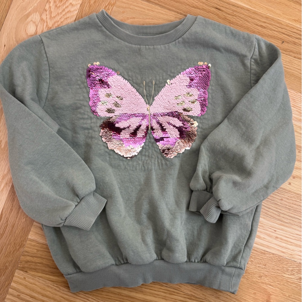H&M Girls 4-6Y Olive Green Sweatshirt with Pink Sequin Butterfly
